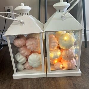Pink and white pumpkin lanterns. Shown with lights on and off. Set of 2